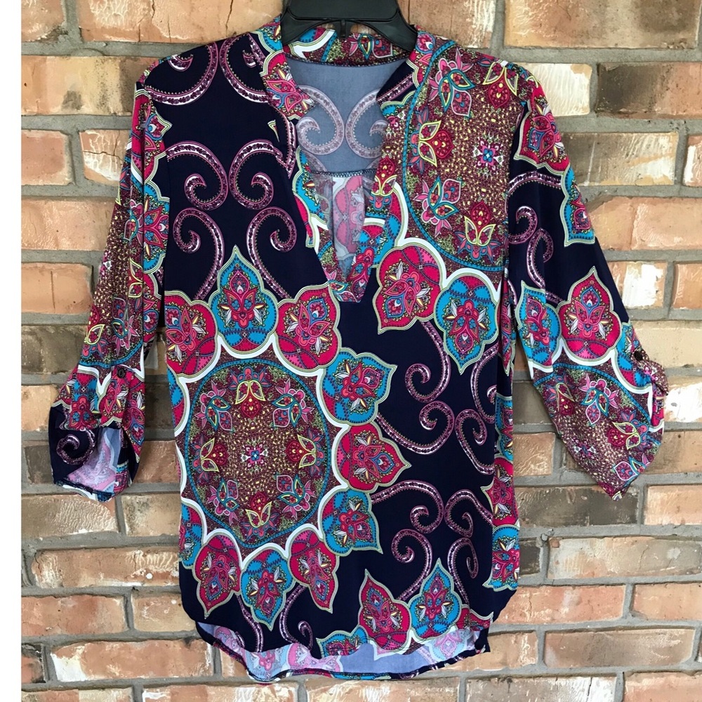 Women’s Boho Navy Pink And Teal Paisley Tunic Top Size Large